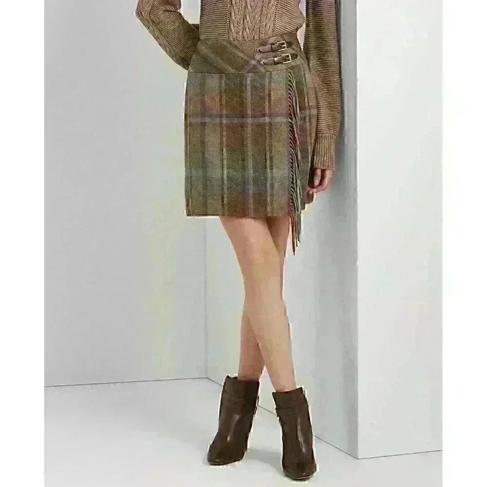 NEW Ralph Lauren Women's 12 Plaid Fringe-Trim Tweed Miniskirt • Reg Price $225 - Picture 2 of 5